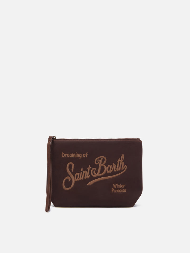 pochette encerado marrón Aline con bordado del logo 