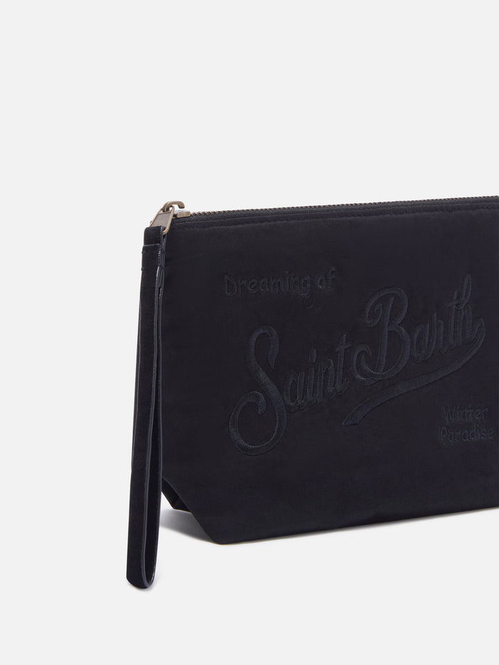 Aline encerado negro pochette con bordado del logo 