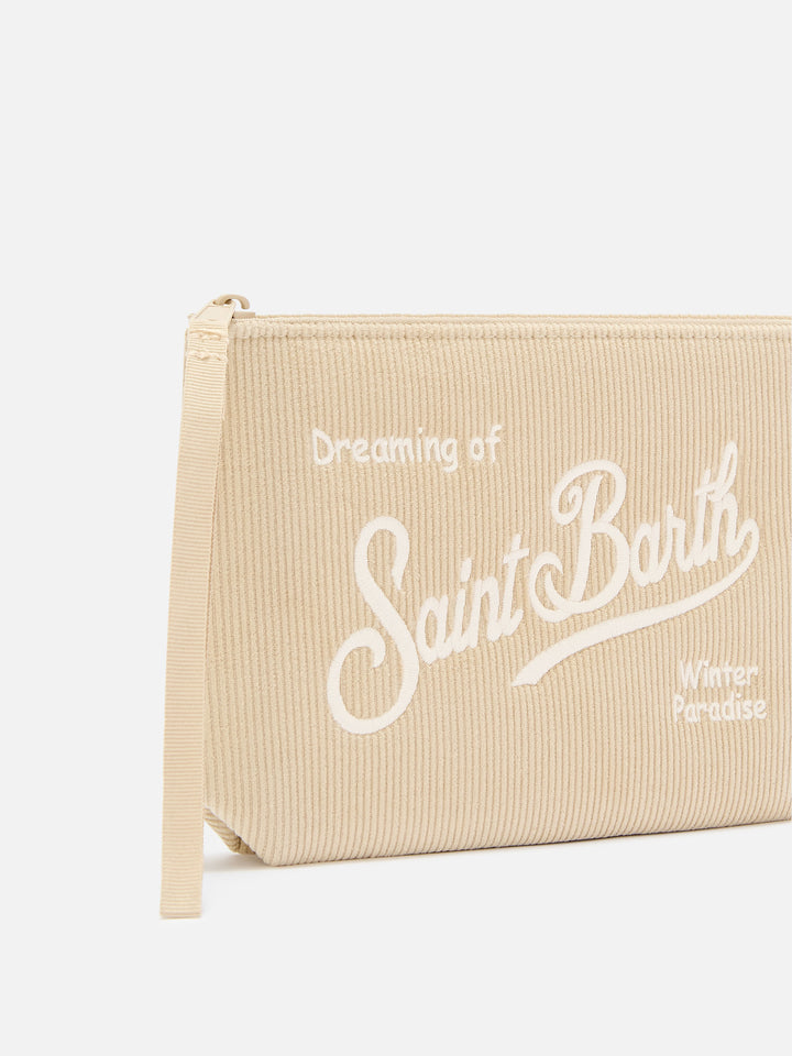 Pochette Aline beige in velluto a coste con ricamo logo