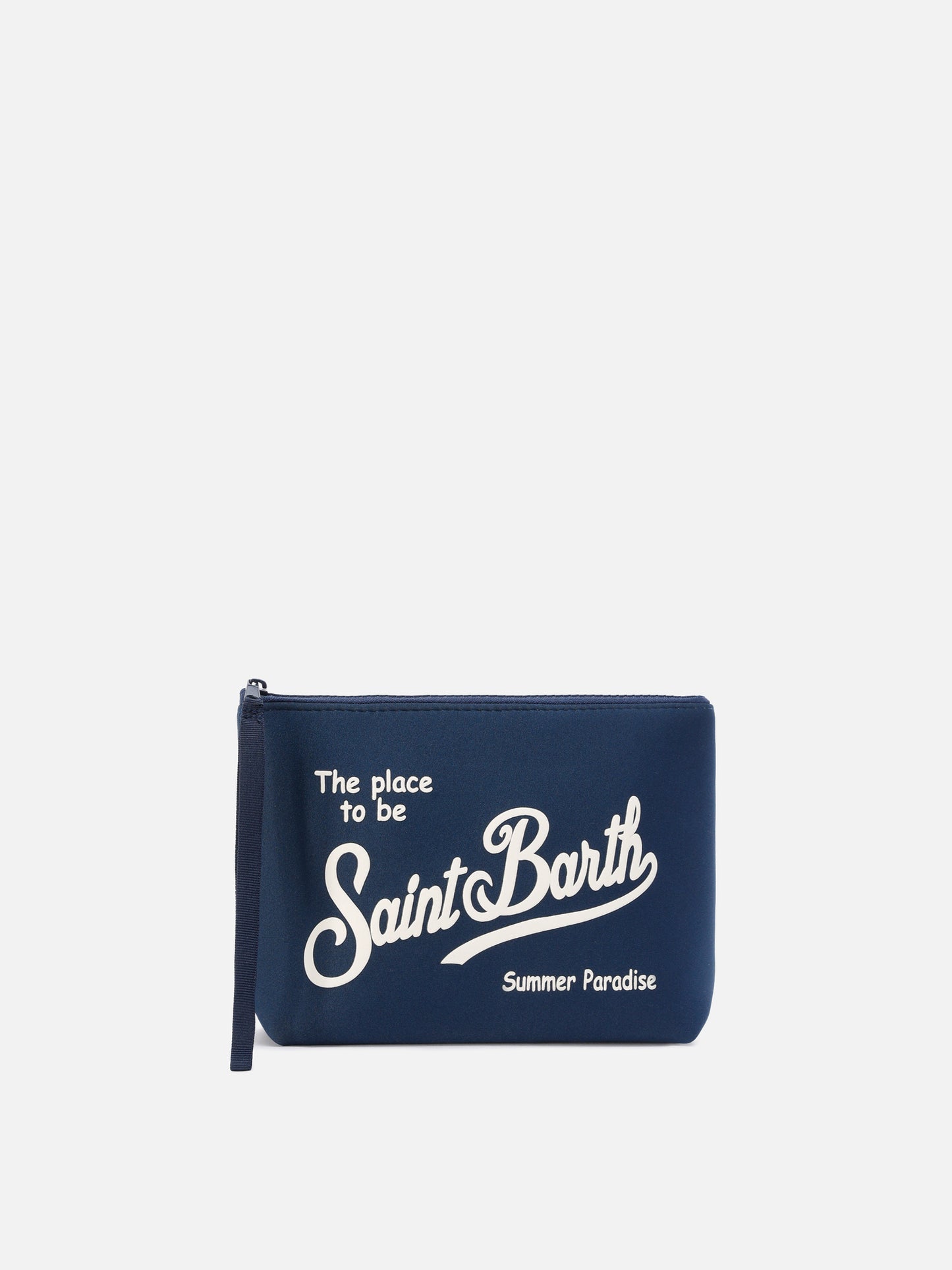 Aline scuba pouch in navy blue with printed logo