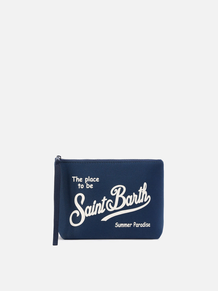 Pochette Aline in scuba blu navy con logo stampato