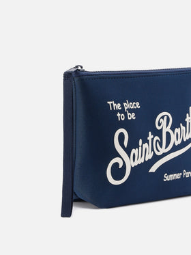 Aline scuba pouch in navy blue with printed logo