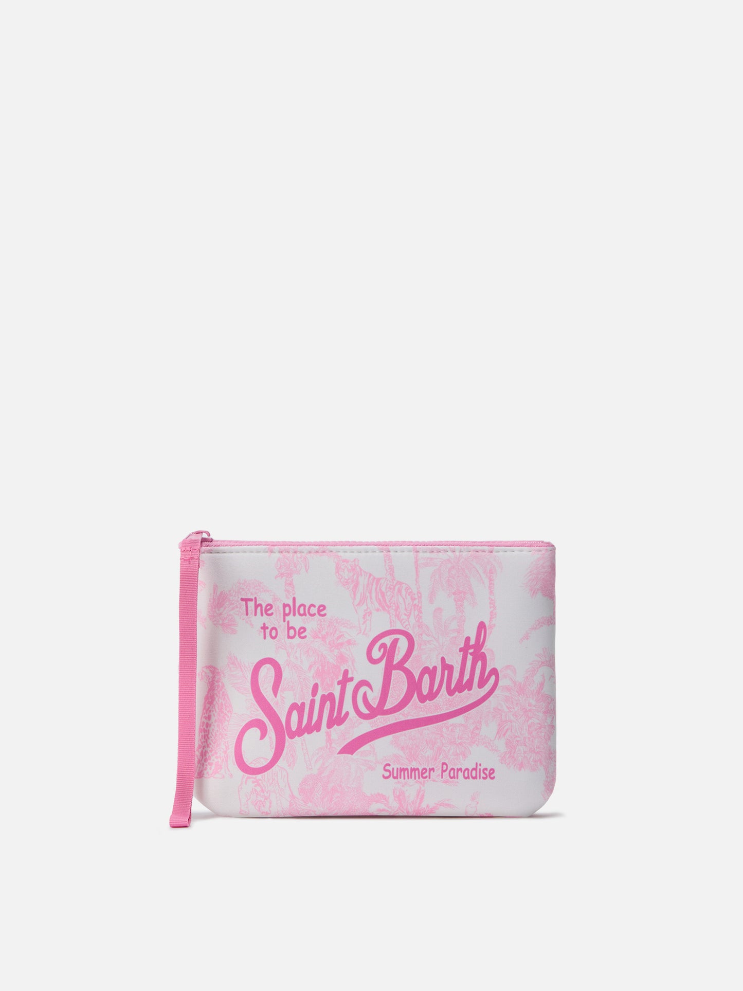 Pochette Aline in scuba con stampa Toile de Jouy rosa