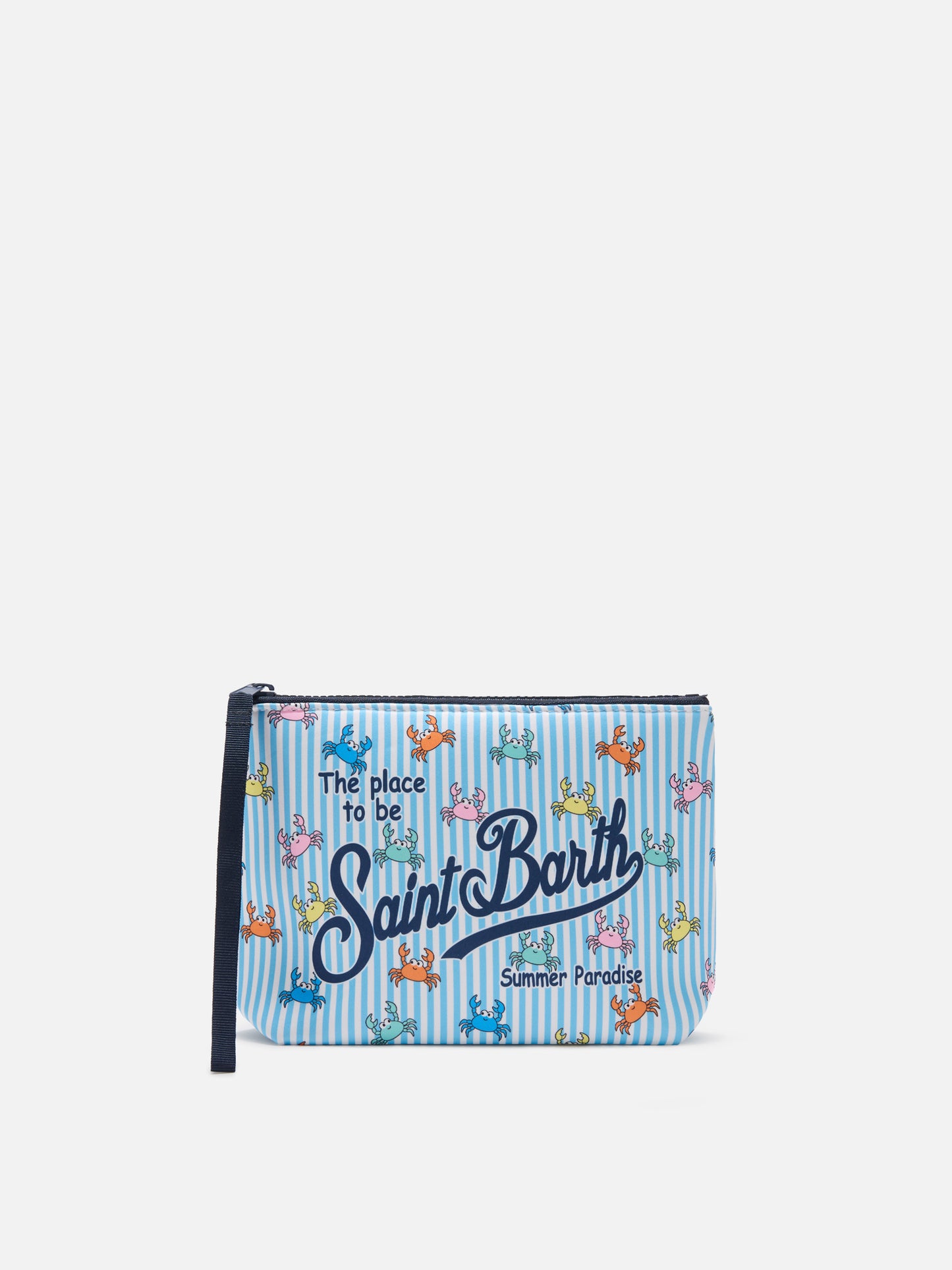 Aline scuba pouch with light blue stripes and crab print