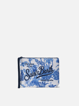 Pochette Aline in scuba bianca con stampa toile de jouy Jungle Oceania