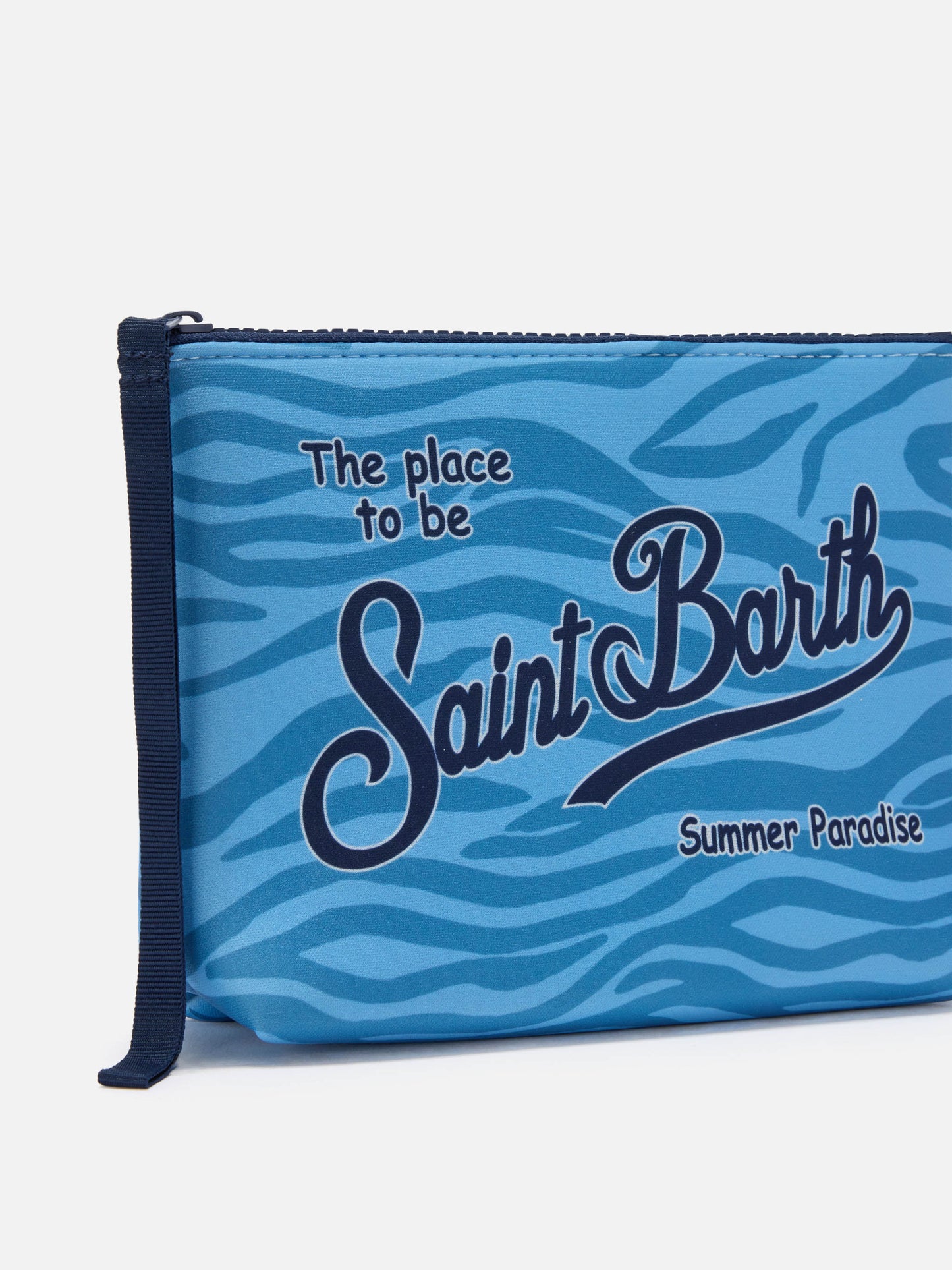 Aline scuba pouch with light blue zebra print
