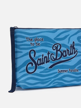 Aline scuba pouch with light blue zebra print