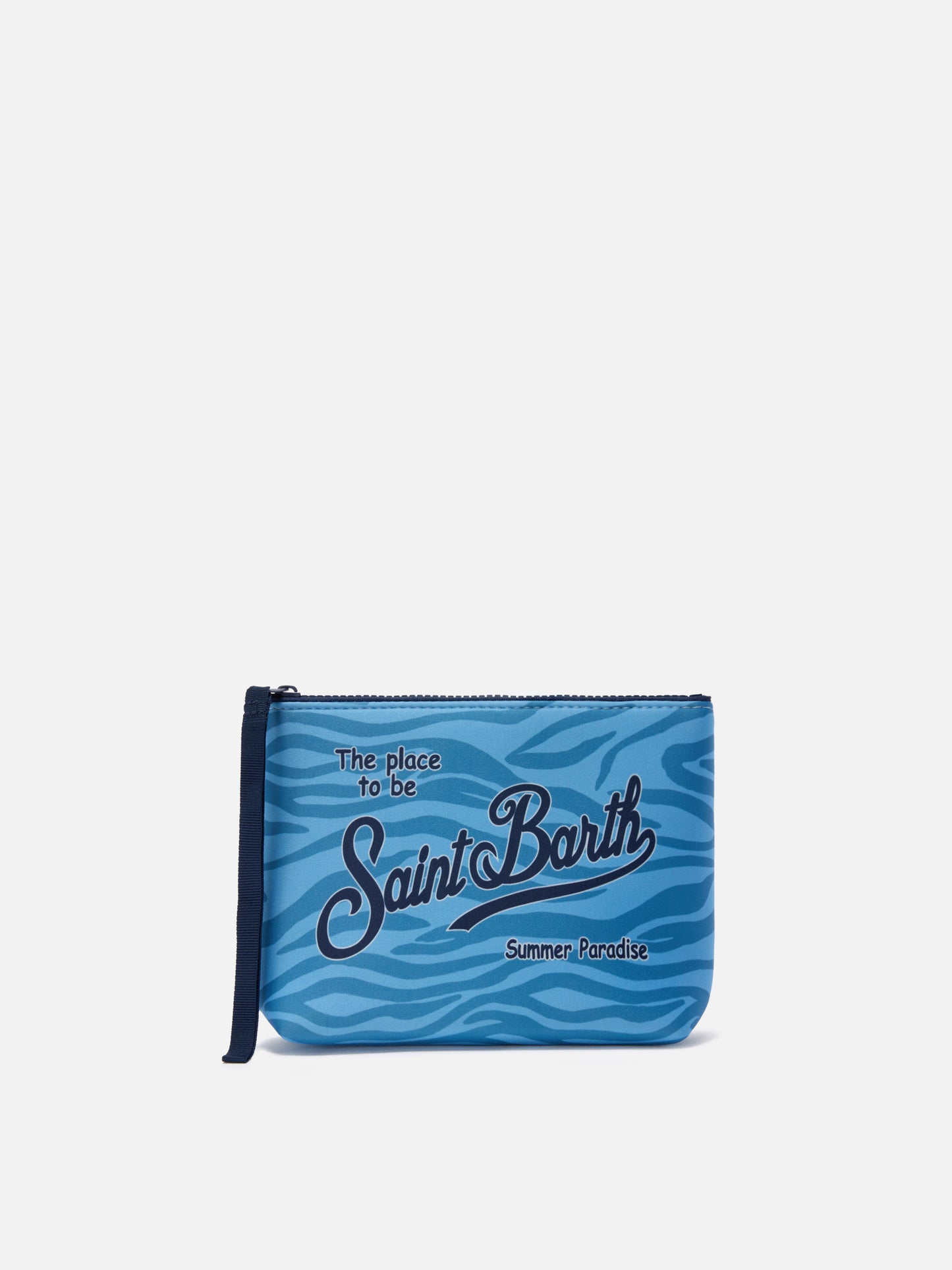 Aline scuba pouch with light blue zebra print