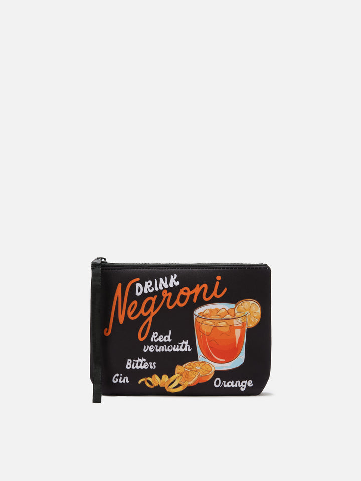Aline black scuba pouch with Negroni recipe print