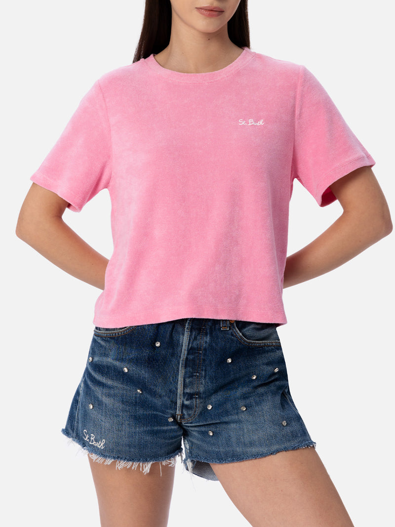 T-shirt da donna rosa girocollo in spugna di cotone Emilie