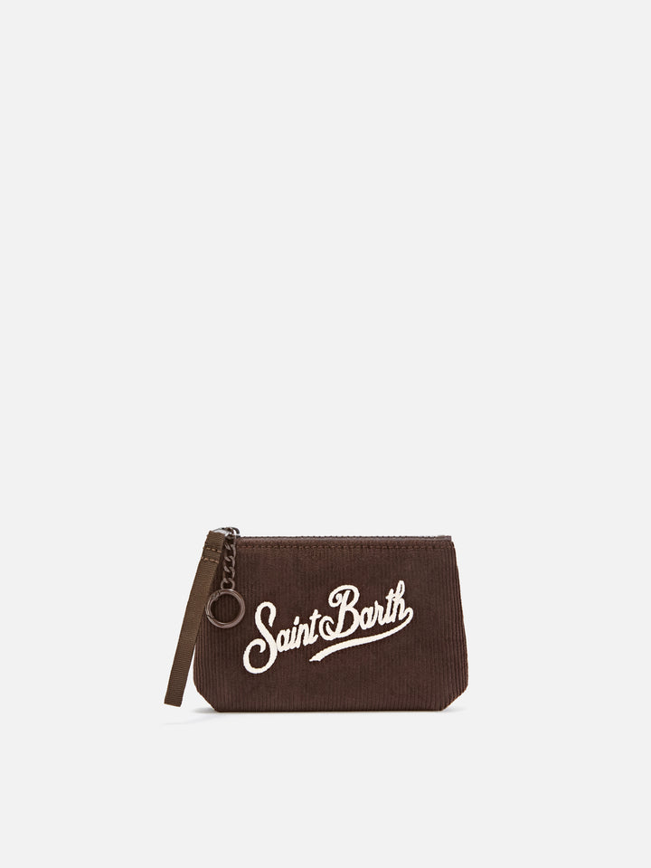 Pochette Mini Aline marrone in velluto a coste con ricamo logo