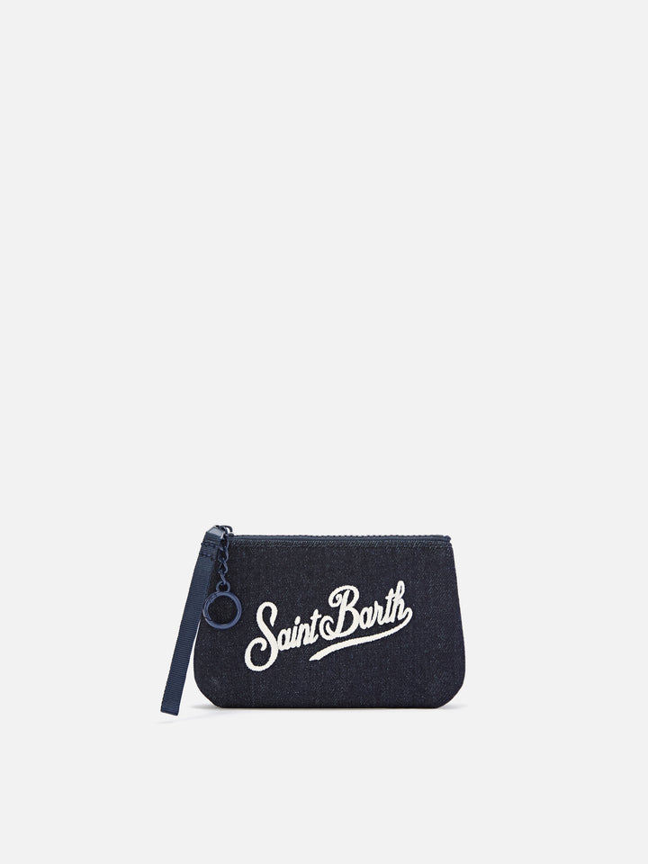 Blue Mini Aline denim pouch with logo embroidery