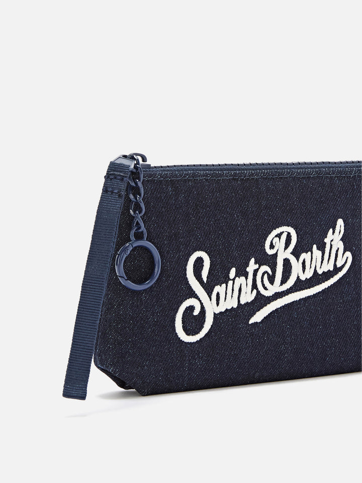 Blue Mini Aline denim pouch with logo embroidery