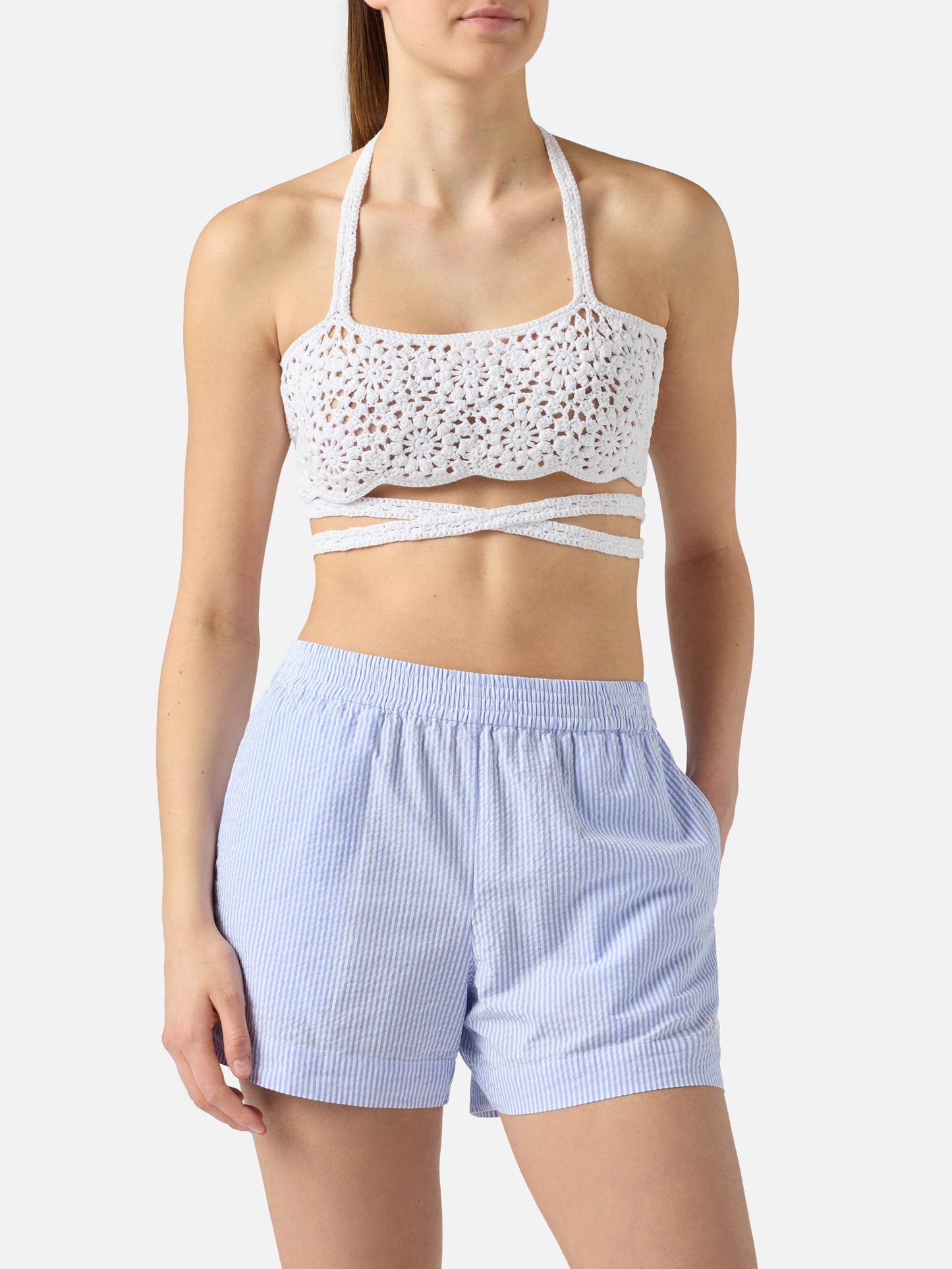 Top in cotone crochet Alanis con motivo floreale