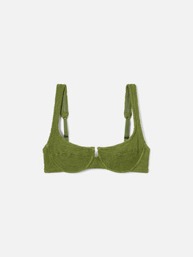 Top bikini Amira balconette in tessuto crinkle verde militare