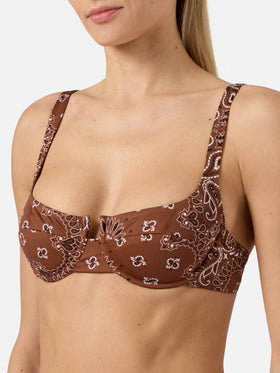 Top bikini Amira balconette con stampa bandana marrone
