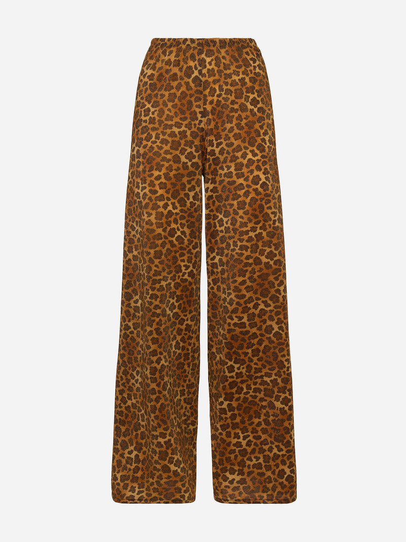 Pantaloni a gamba larga Amalia in lurex leopardato