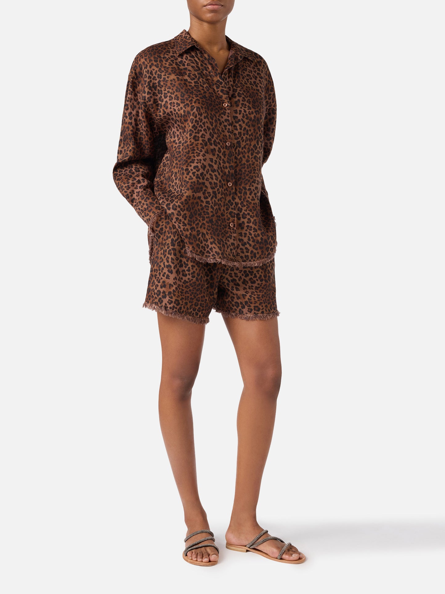 Shorts Amani in lino con stampa leopardata