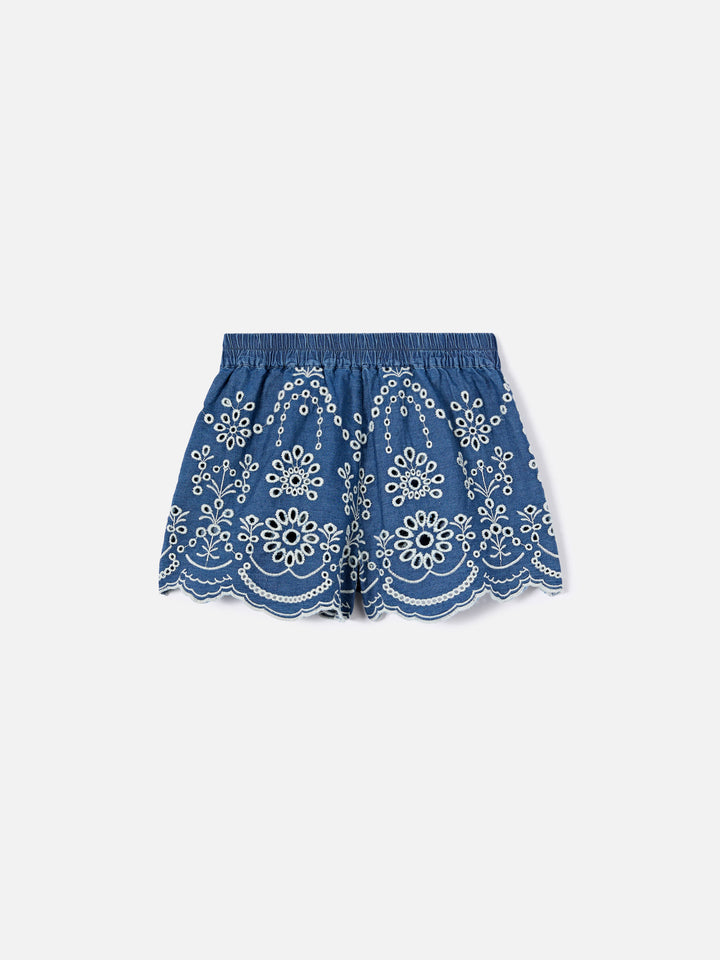 Short Amani Jr in chambray effetto denim con ricamo sangallo