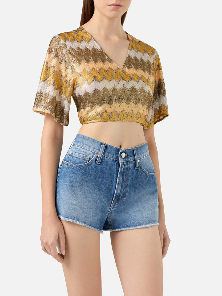 Blusa con scollo a V in tessuto raschel