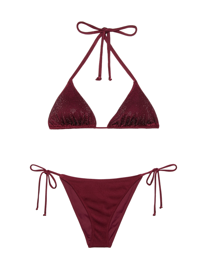 Virgo burgundy classic swim briefs with rhinestone embellishment - Annabelle riangle top swimsuit with rhinestones - MC2 Saint Barth