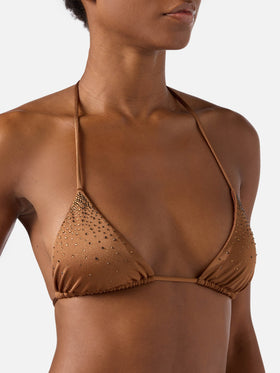 Annabelle triangle bikini top in brown with applied strass details