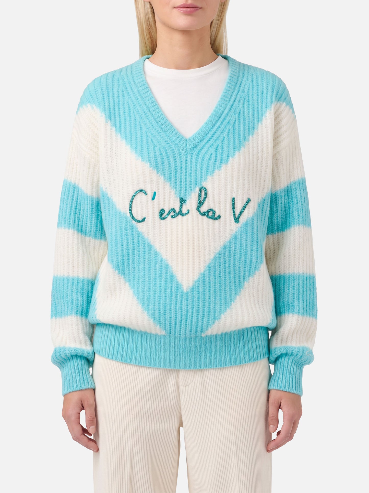 Maglione Annecy Soft crop con fantasia a rombi e scollo a V