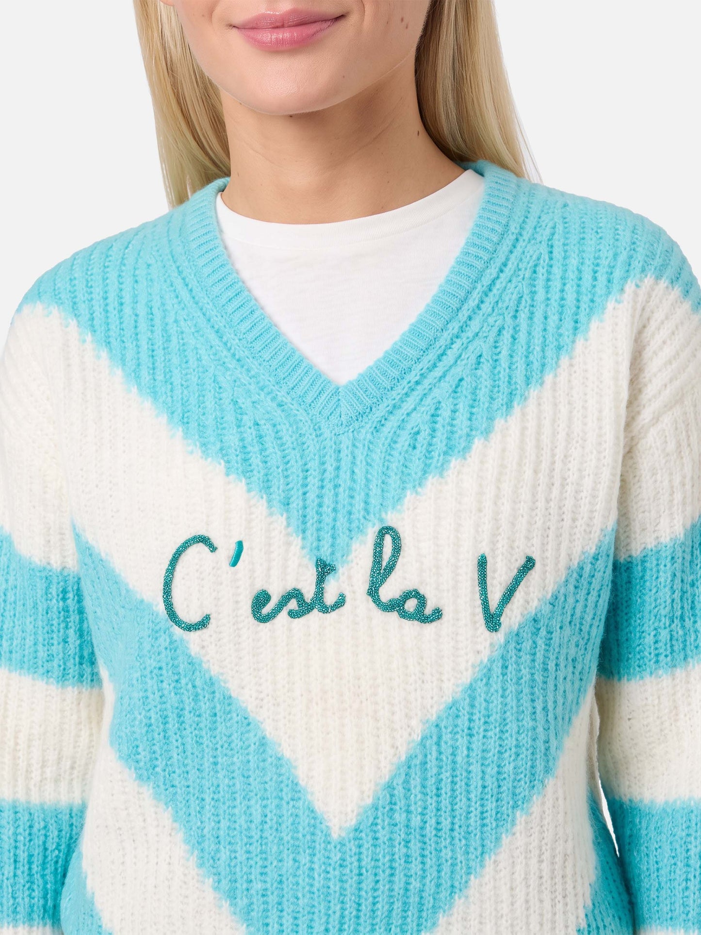 Maglione Annecy Soft crop con fantasia a rombi e scollo a V