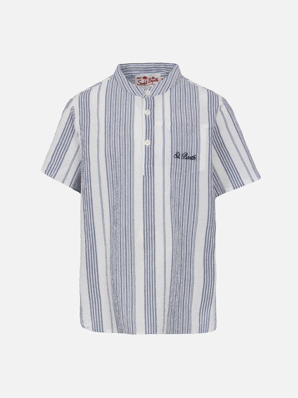 Boy short sleeved seersucker shirt with striped all over print