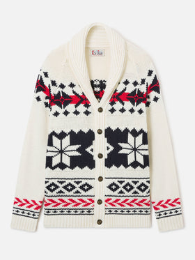 Cremefarbener Archer Cardigan aus Woll- und Kaschmirmischung mit nordischem Muster 