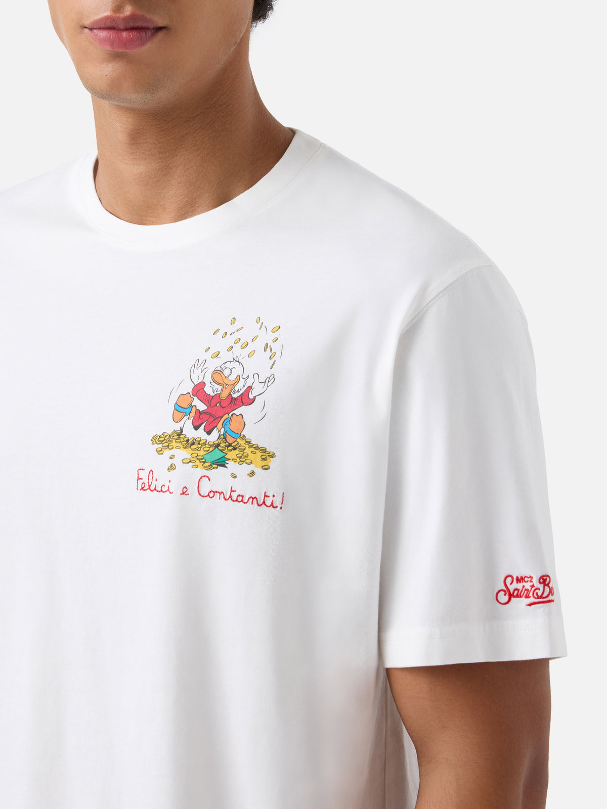 T-shirt Arnott blanc avec imprimé Scrooge McDuck et lettrage Felici e Contanti 