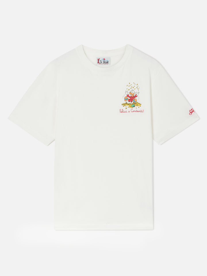 T-shirt Arnott bianca con stampa Paperon de’ Paperoni e scritta Felici e Contanti