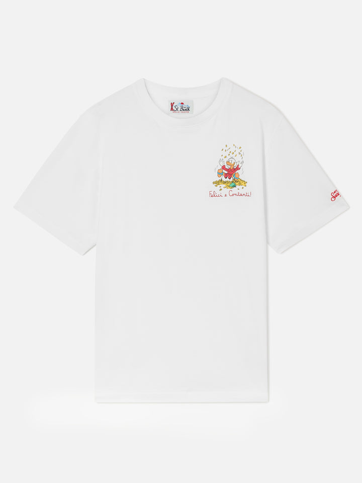 Arnott T-Shirt in Weiß mit Scrooge-McDuck-Print und „Felici e Contanti“-Schriftzug 