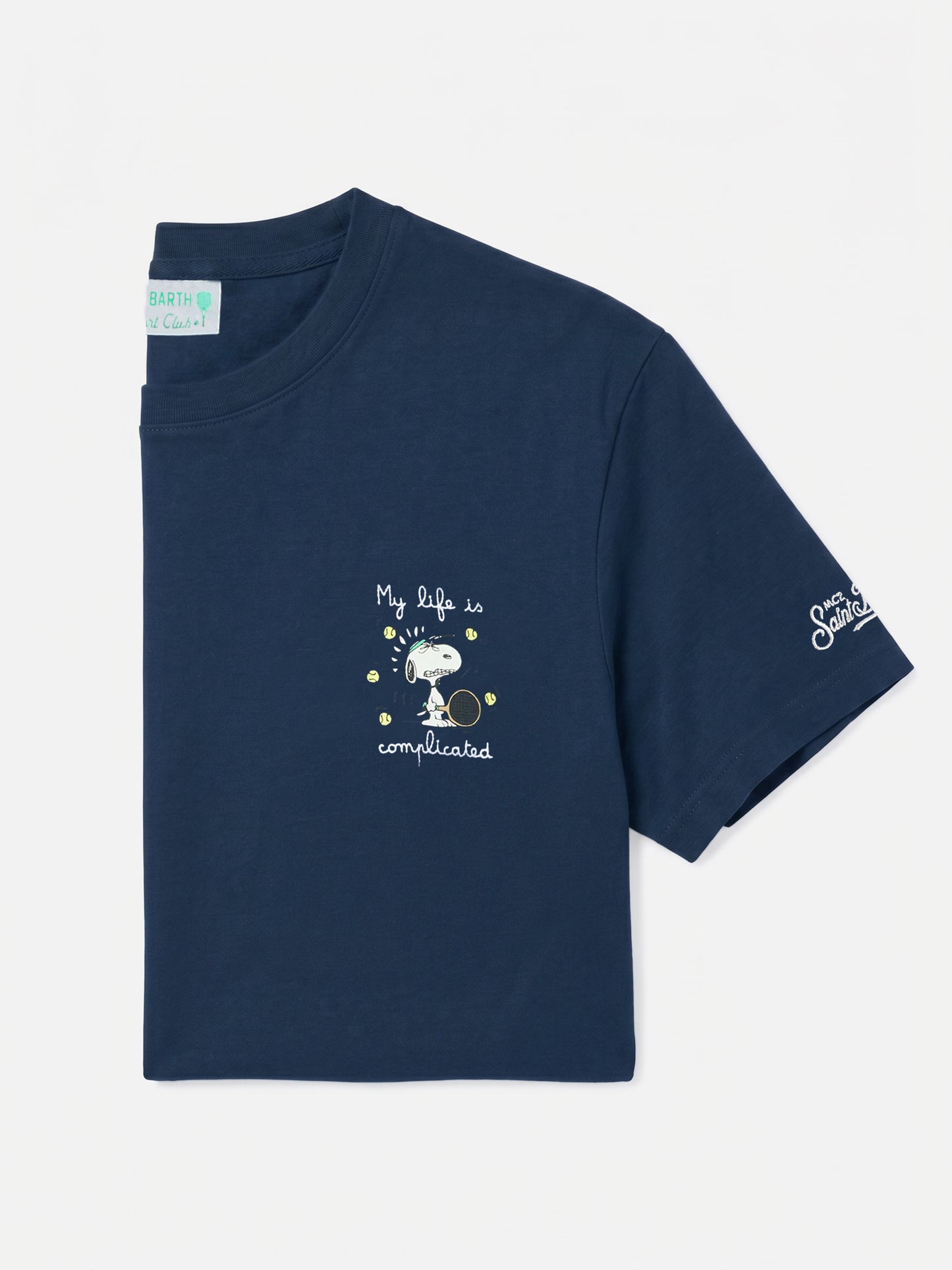 Arnott cotton T-shirt in blue with Snoopy My life is complicated embroidery | PEANUTS SPECIAL EDITION