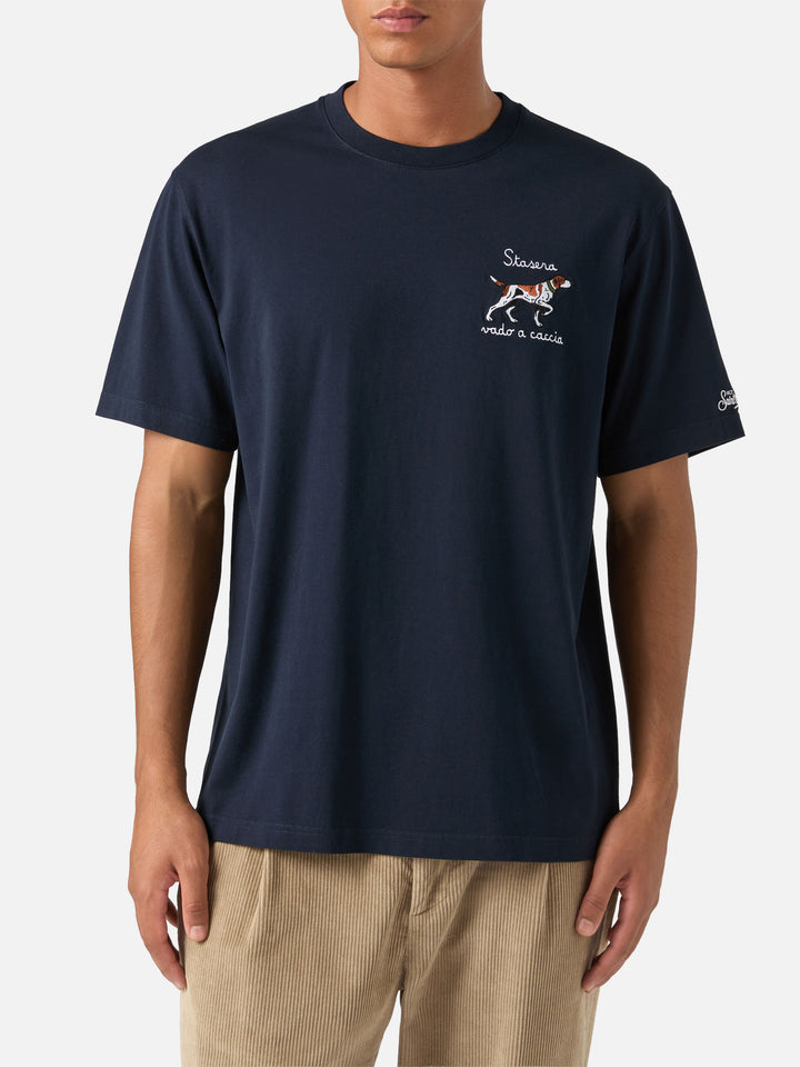 Marineblaues T-Shirt aus blue Arnott Baumwolle mit Stickerei eines Jagdhundes 