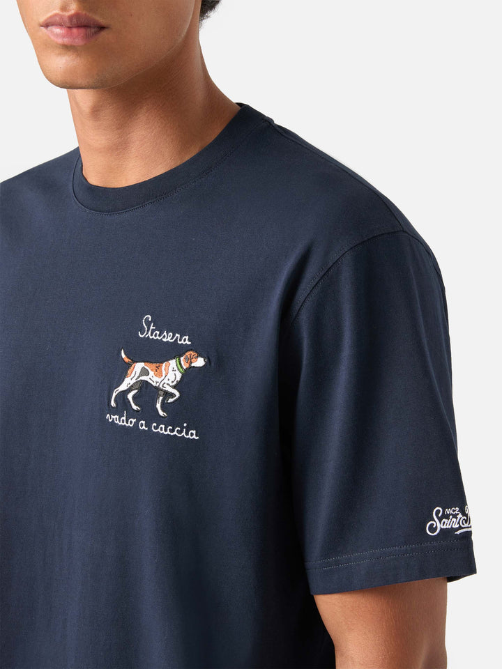 Marineblaues T-Shirt aus blue Arnott Baumwolle mit Stickerei eines Jagdhundes 