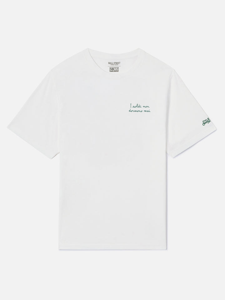 Off white Arnott cotton t-shirt with I Soldi Non Dormono Mai embroidery | Special edition