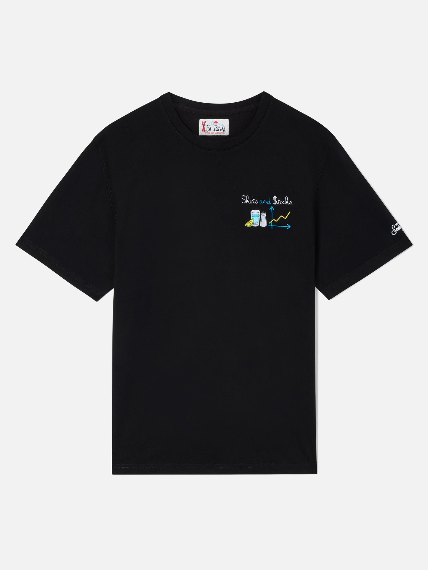 Arnott t-shirt in black with Shots and $tocks embroidery