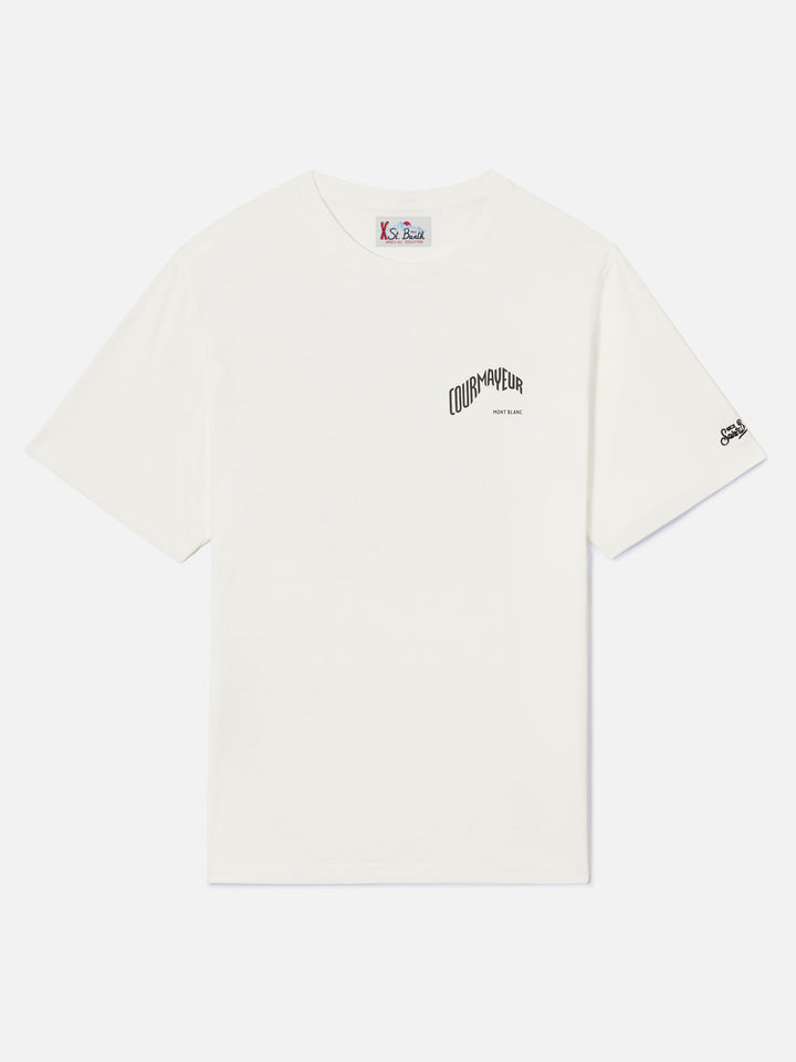T-shirt blanc en coton biologique chaud Arnott avec imprimé Courmayeur au dos | Special edition 