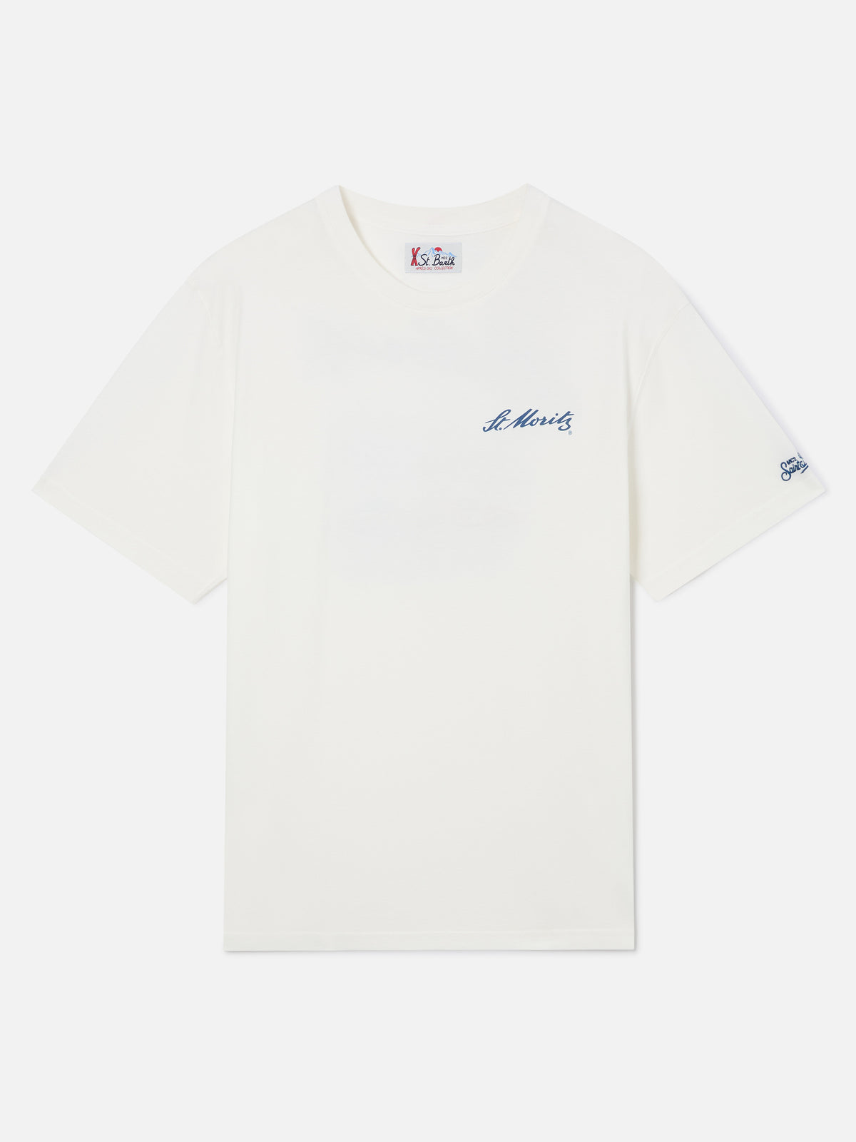 T-shirt blanc Arnott en coton biologique chaud avec imprimé St. Moritz au dos | Special edition 