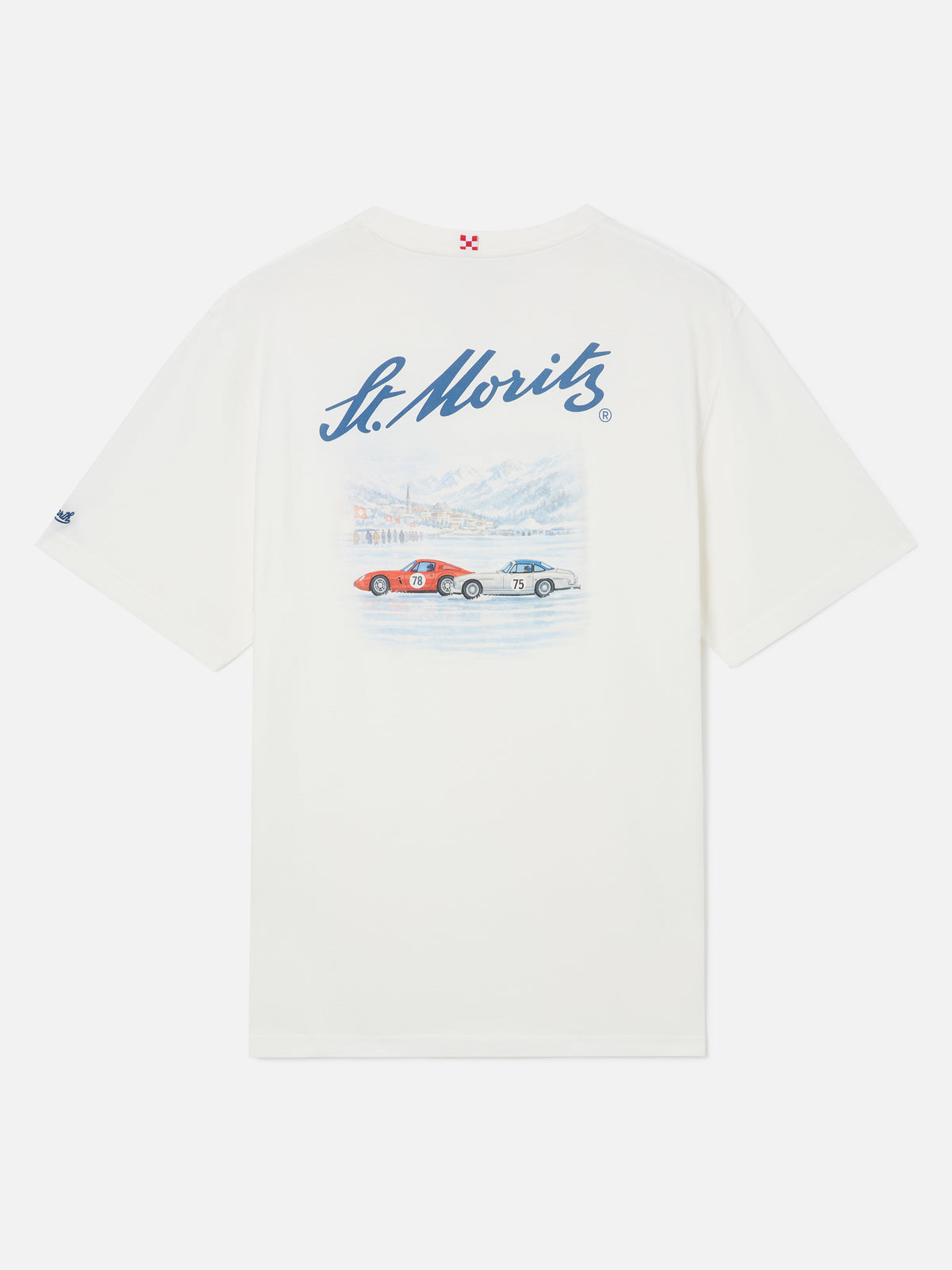 T-shirt blanc Arnott en coton biologique chaud avec imprimé St. Moritz au dos | Special edition 