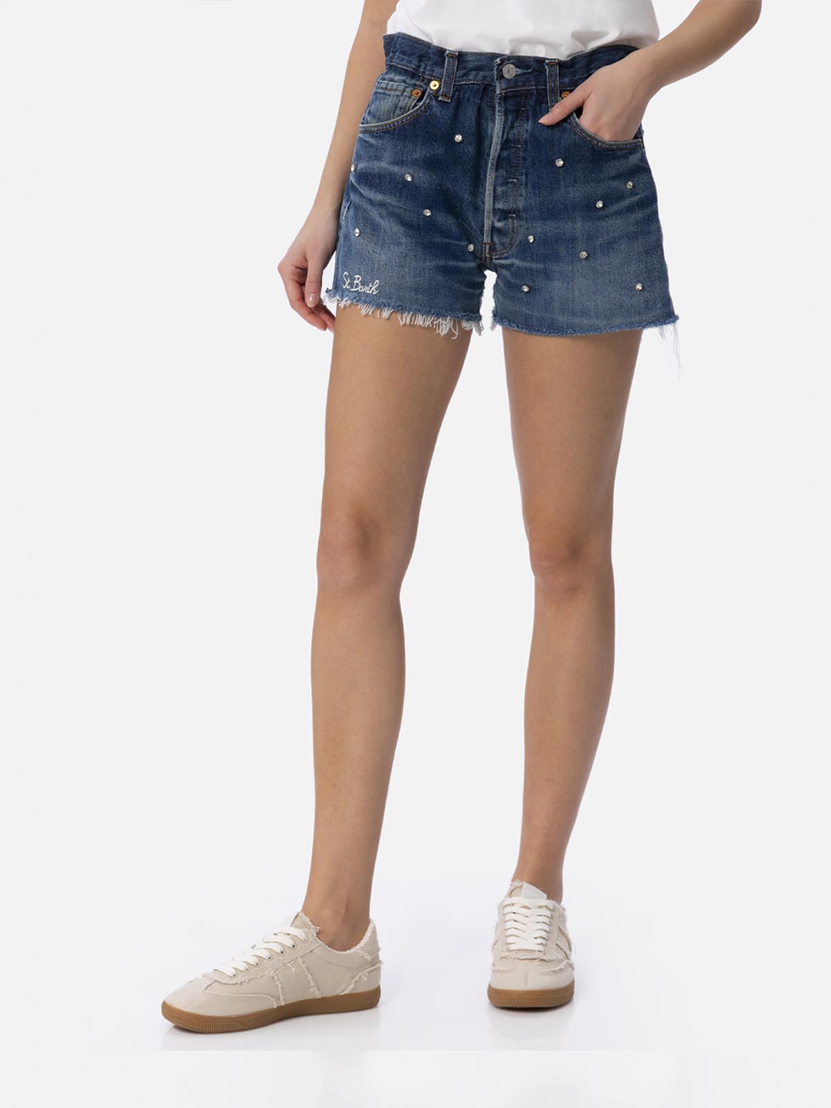 Pantaloncini da donna in denim riciclato con strass