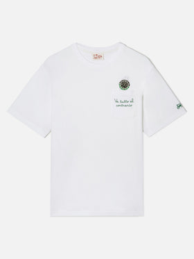 White Austin t-shirt with watch and Va Tutto Al Contrario embroidery