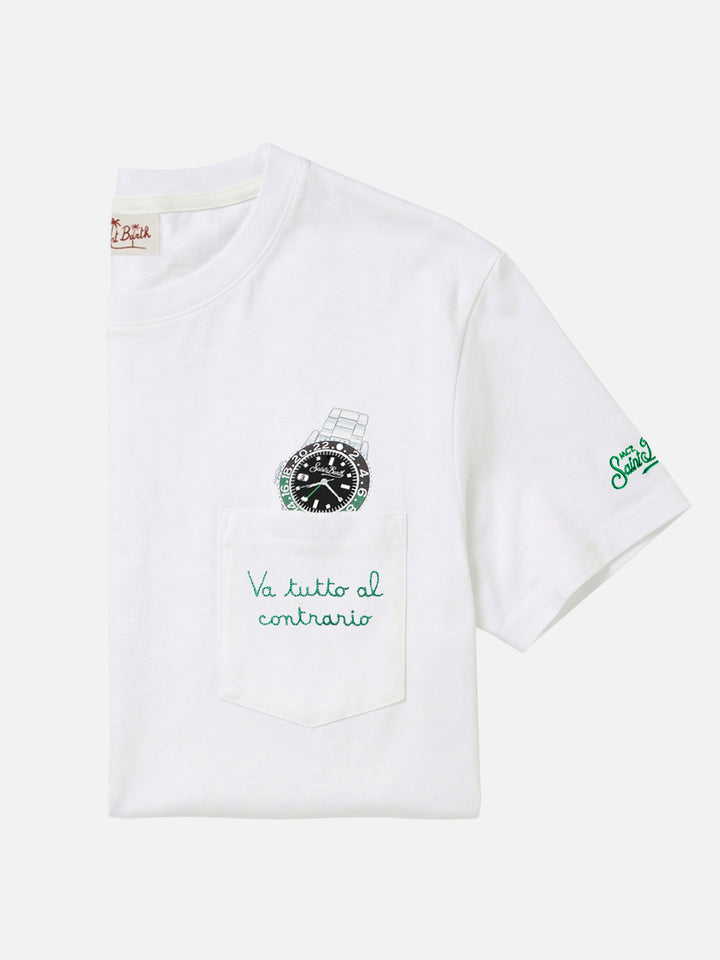 White Austin t-shirt with watch and Va Tutto Al Contrario embroidery