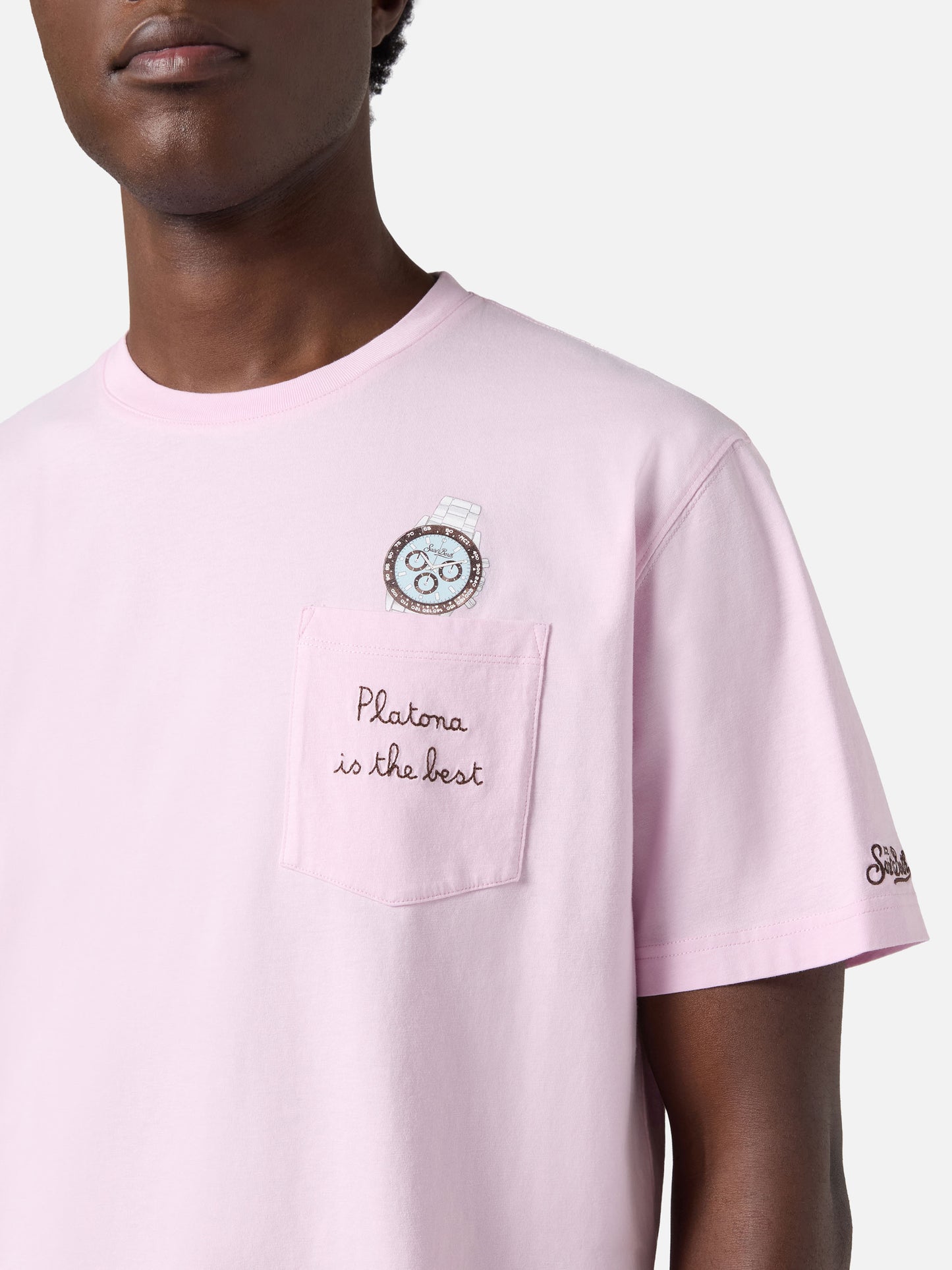Pink Austin t-shirt with watch and Platona Is The Best embroidery