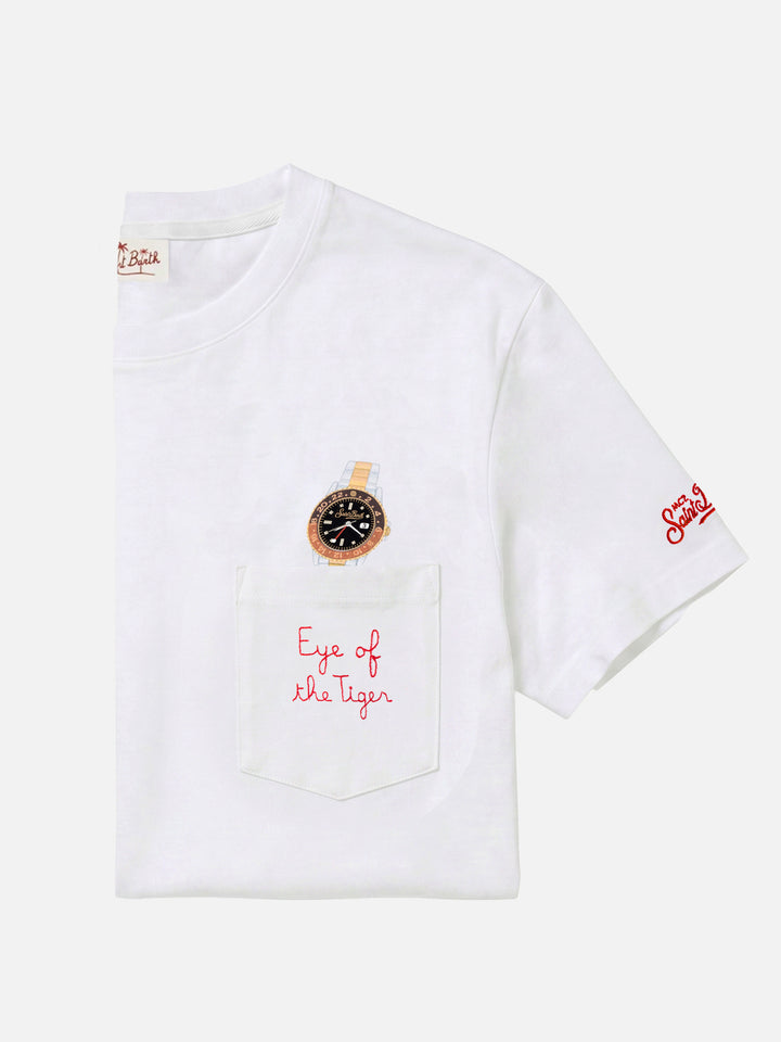 White Austin t-shirt with watch and Eye Of The Tiger embroidery