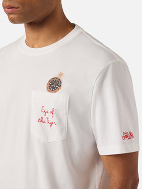 White Austin t-shirt with watch and Eye Of The Tiger embroidery