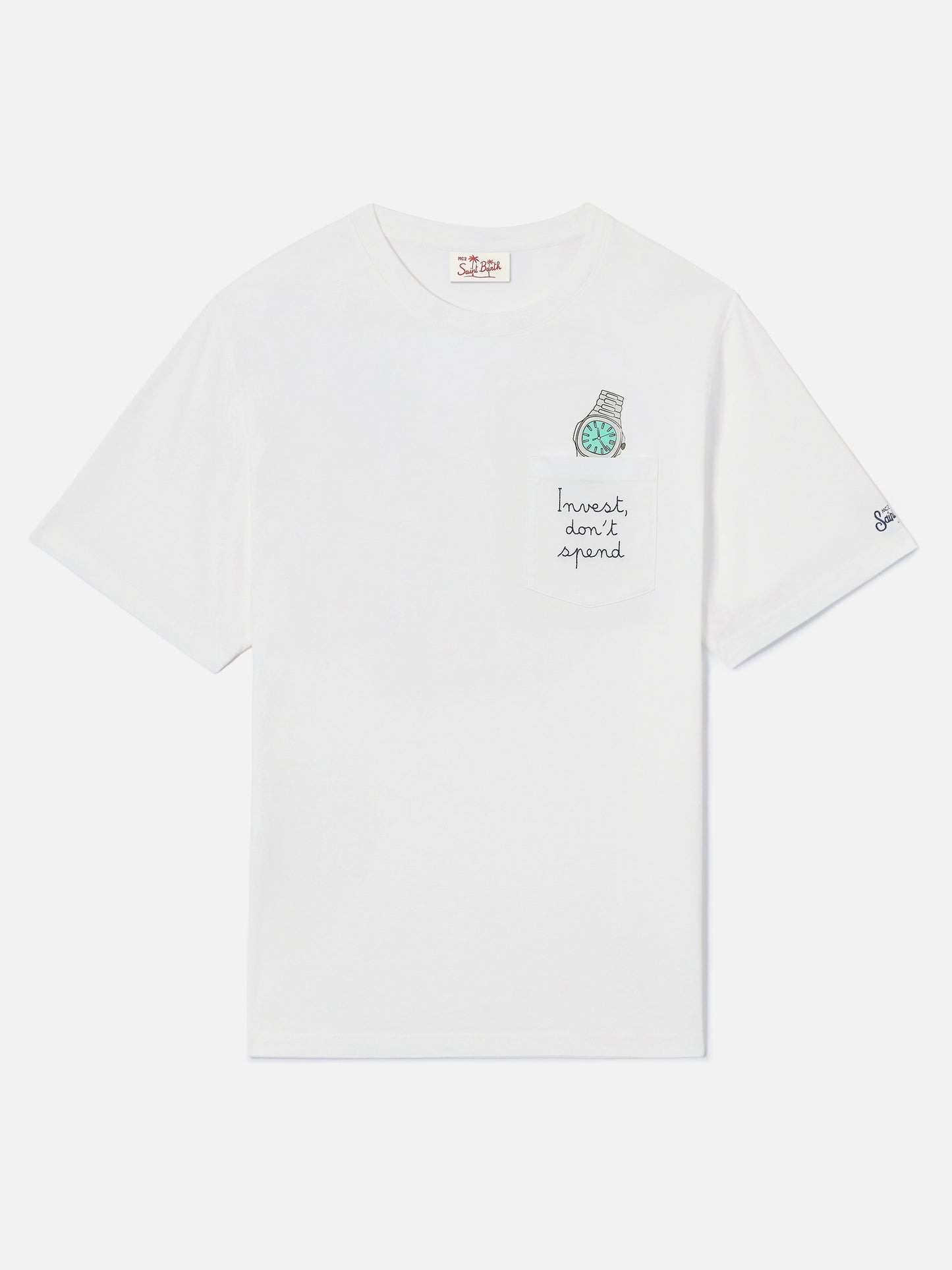 Weißes Austin T-Shirt mit Uhrenstickerei „Invest Don't Spend“ 
