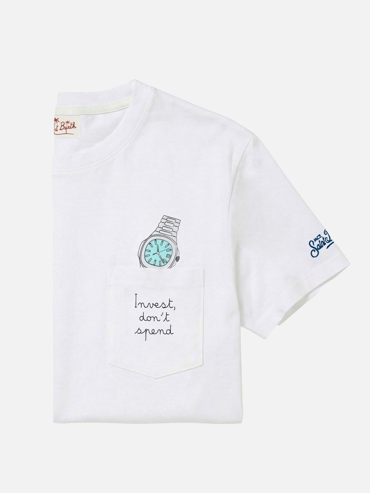 Weißes Austin T-Shirt mit Uhrenstickerei „Invest Don't Spend“ 