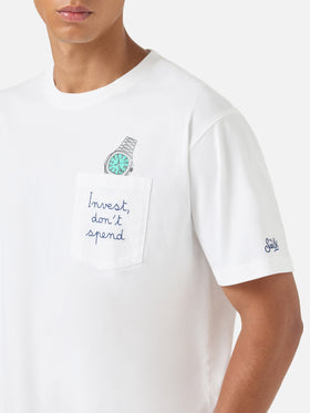 Weißes Austin T-Shirt mit Uhrenstickerei „Invest Don't Spend“ 